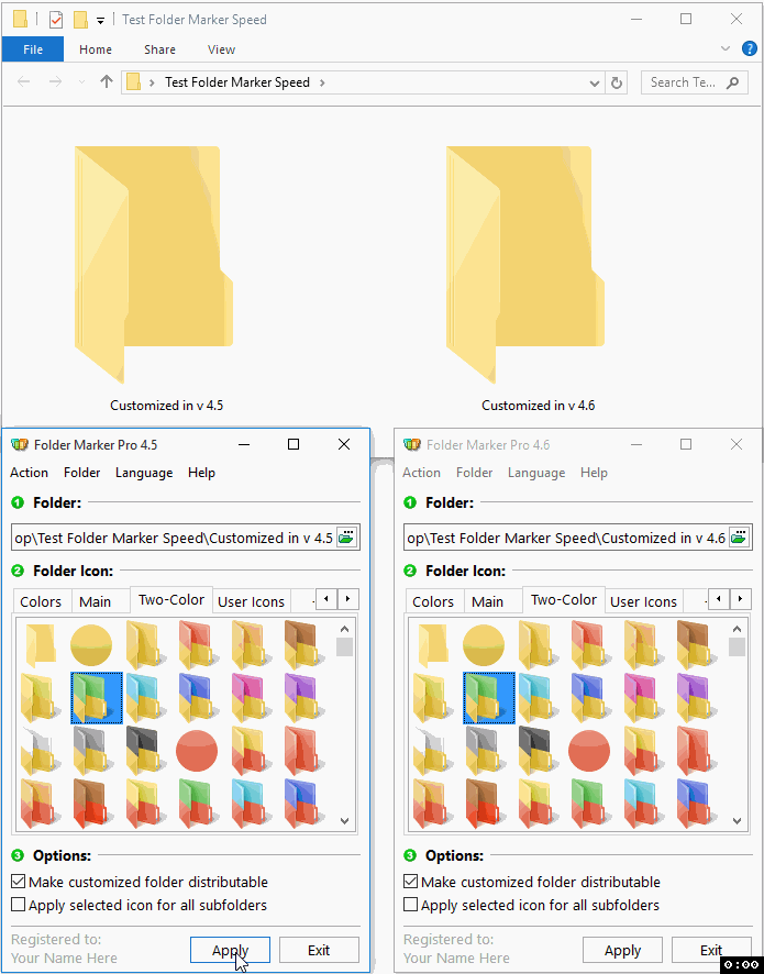 The same icon from the Two-Color icon set applied 3 seconds in v 4.6 vs 19 seconds in 4.5. The difference is even bigger for an icon set with 500+ icons inside.