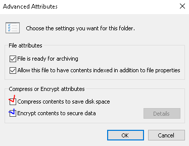 Tick “Compress contents to save disk space”, or “Encrypt contents to secure data”