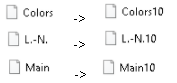 Renamed files (for example, Colors to Colors10)
