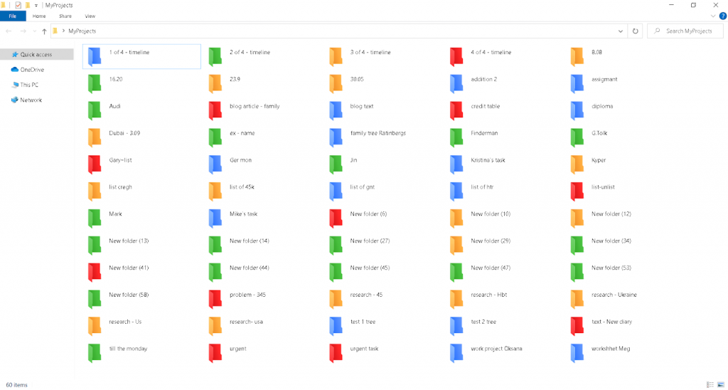 “MyProjects” folder with different color folders inside 