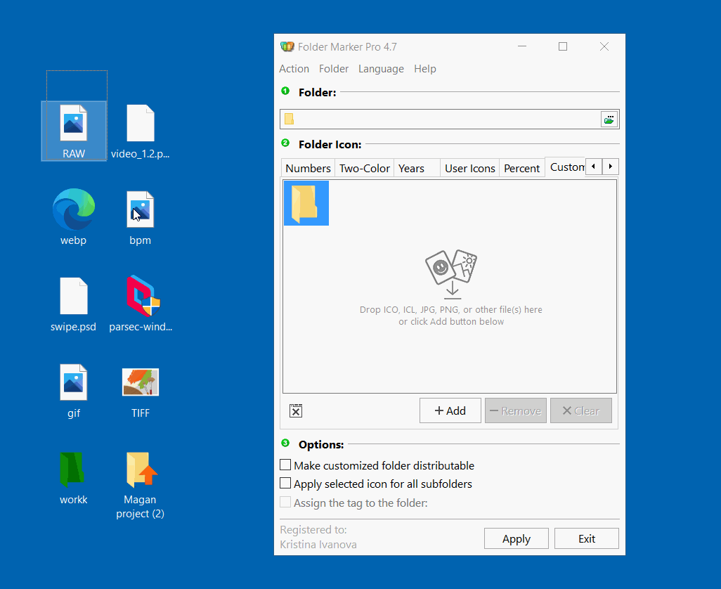 Drag-n-Drop almost any graphical file and use it then as a folder icon
version 4.7 of Folder Marker