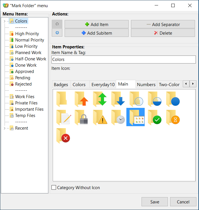 Folder Marker in the mode of Customization of its “Mark Folder” menu