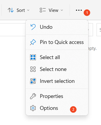 In File Explorer press 3 dots, and then Options.